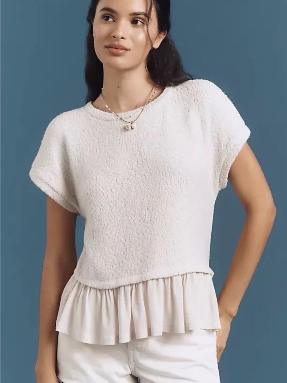 Pilcro Cream Textured Short Sleeve Peplum Top